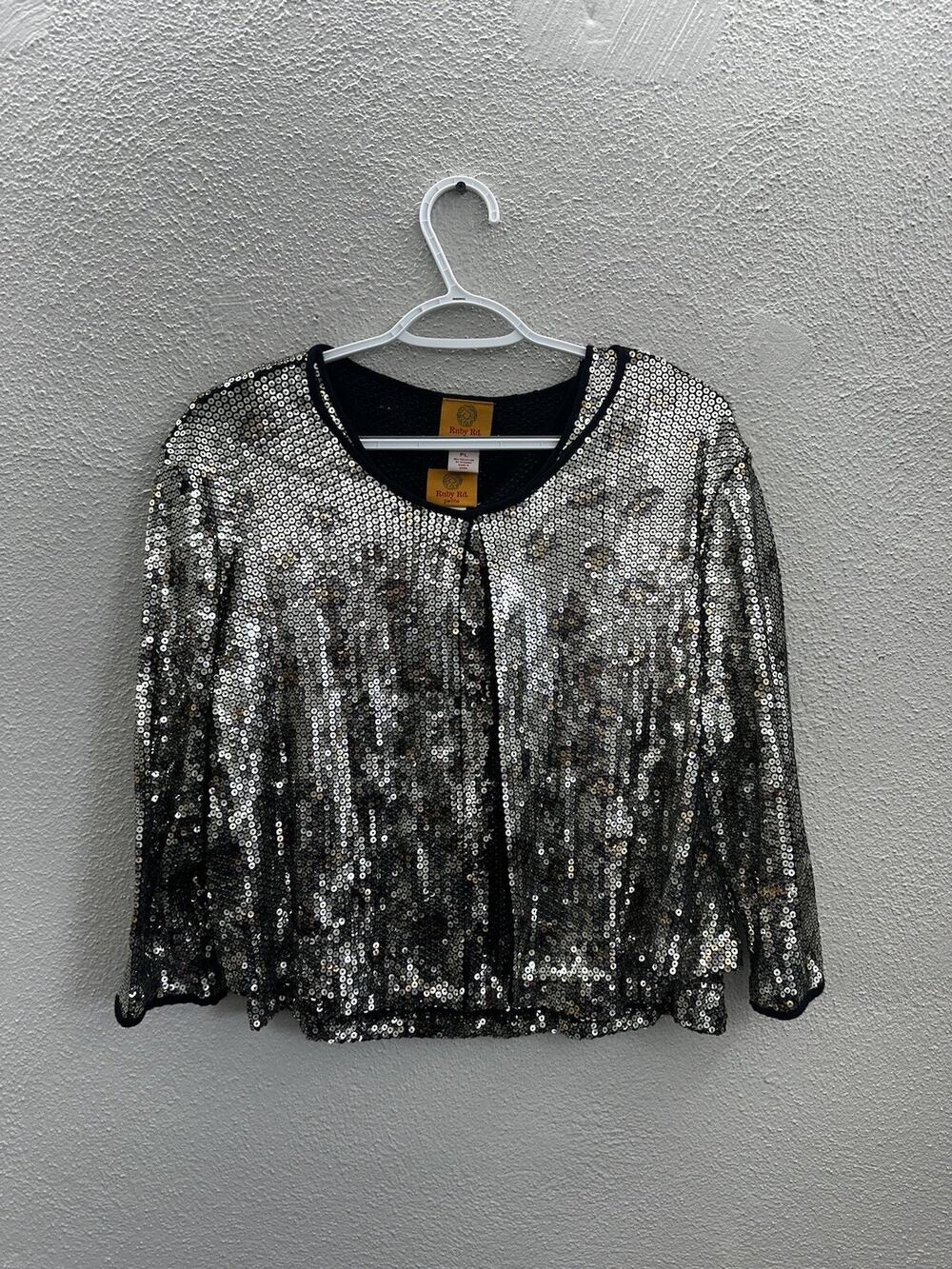 Ruby Rd. Womens Jacket & Tank Top Petite Medium Gold Sequin Animal Print